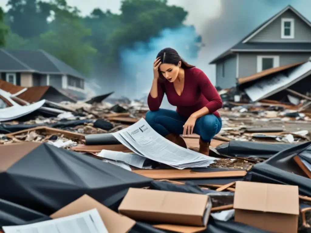 Propietario desesperado busca documentos clave tras desastre natural Un dueño de casa en apuros busca cláusulas ocultas en su póliza de seguro, entre escombros tras un desastre natural