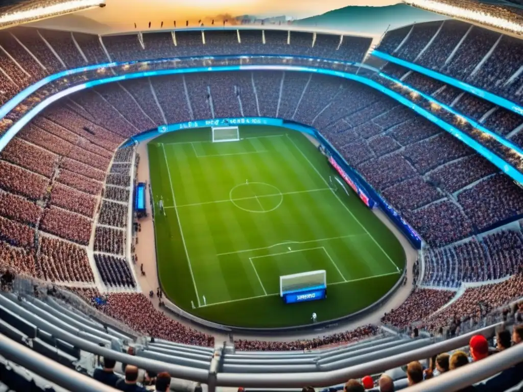 Emocionante estadio lleno durante un evento deportivo internacional, destacando la pasión de los fans y la acción en el campo