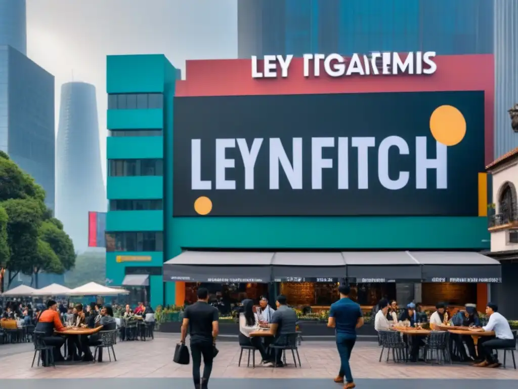 Escena urbana: emprendedores digitales en la CDMX Emprendedores mexicanos trabajando en cafés al aire libre bajo la Ley Fintech, entre rascacielos y arquitectura tradicional
