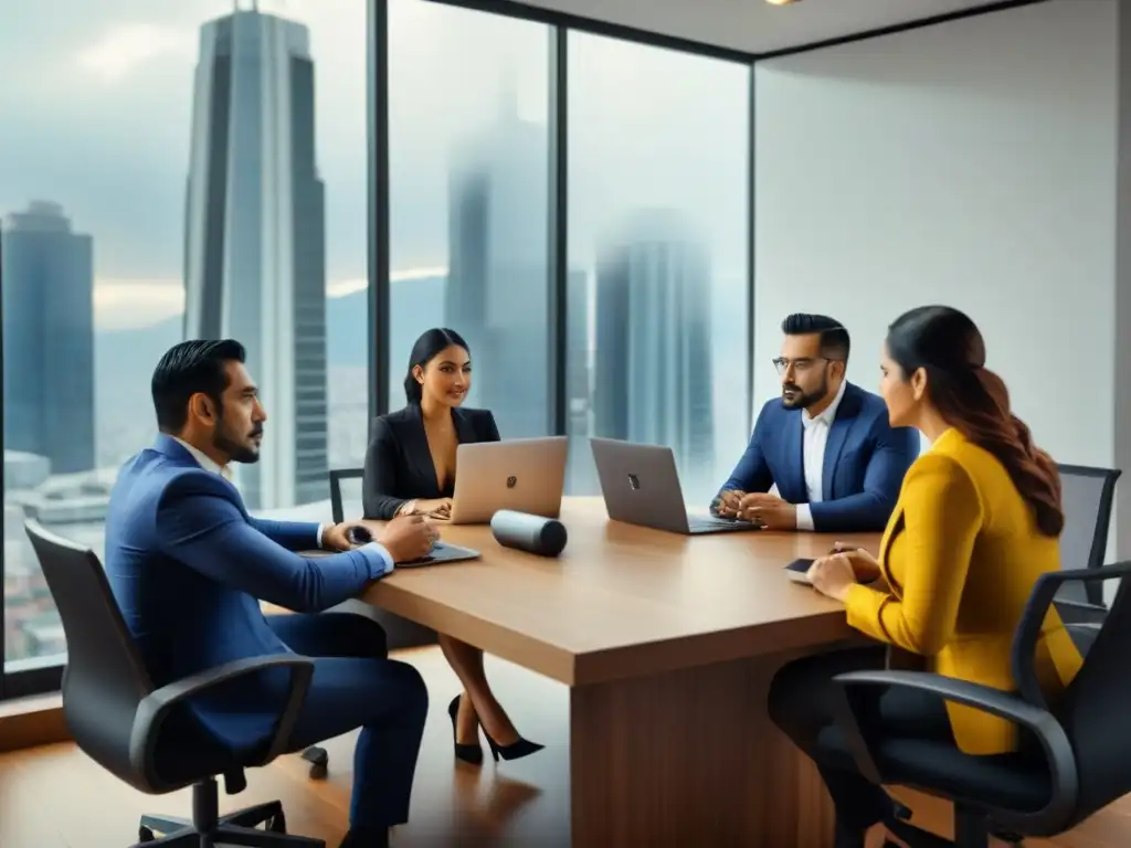 Emprendedores digitales mexicanos: Innovación y colaboración en acción Emprendedores mexicanos colaboran en innovador espacio de trabajo, reflejando la Ley Fintech