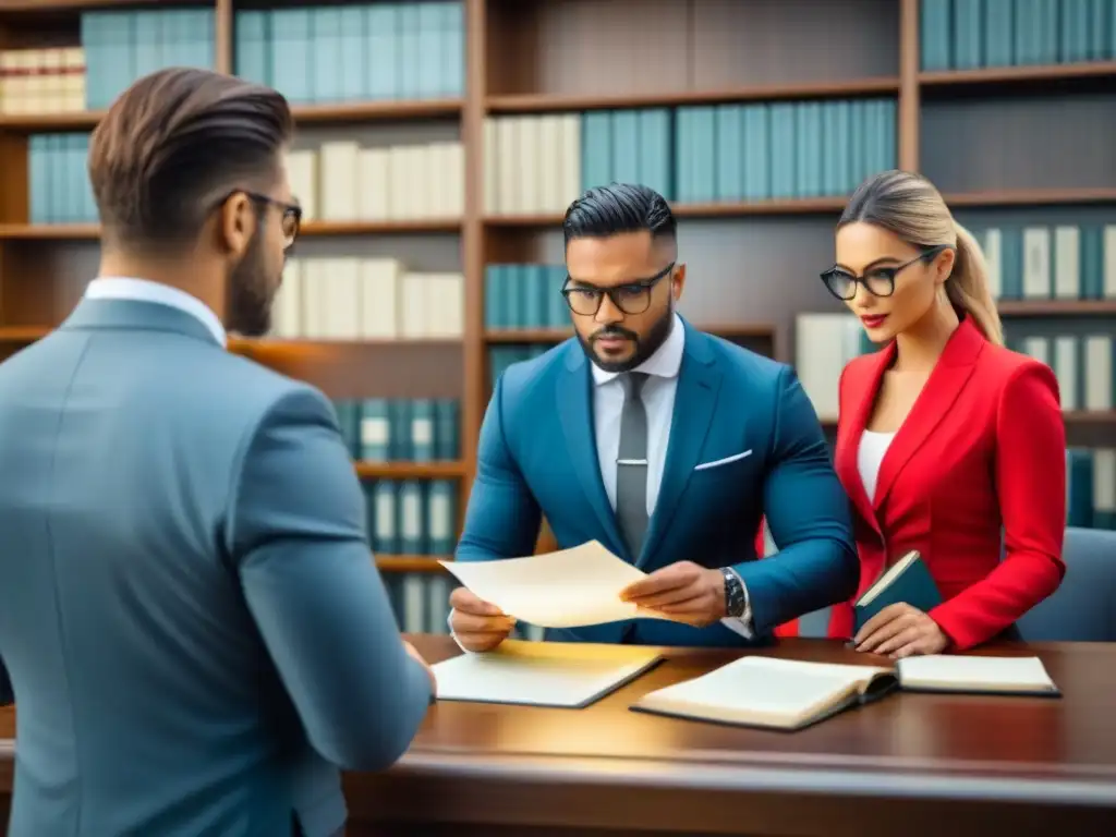 Equipo de abogados revisando documentos legales y creando estrategias contra piratería en una oficina moderna