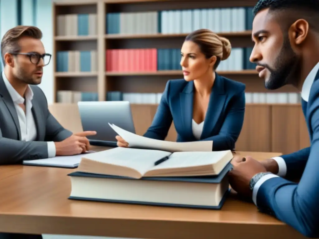 Equipo de abogados debatiendo estrategias legales en oficina moderna, reflejando determinación y enfoque