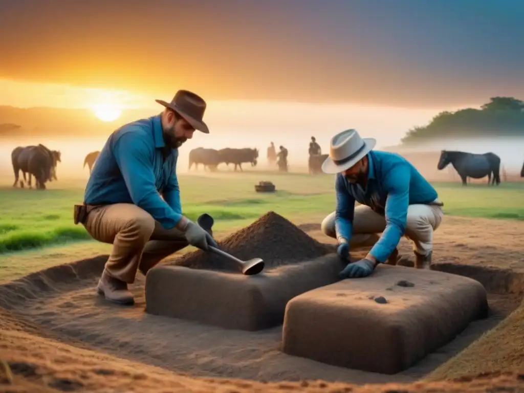 Excavación arqueológica al atardecer: preservando nuestra historia Equipo de arqueólogos excavando artefactos antiguos al atardecer, destacando la conservación del patrimonio histórico