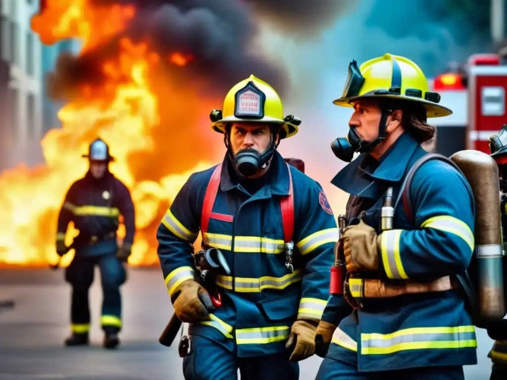 Equipo de bomberos trabajando juntos para apagar un incendio urbano, mostrando determinación y enfoque