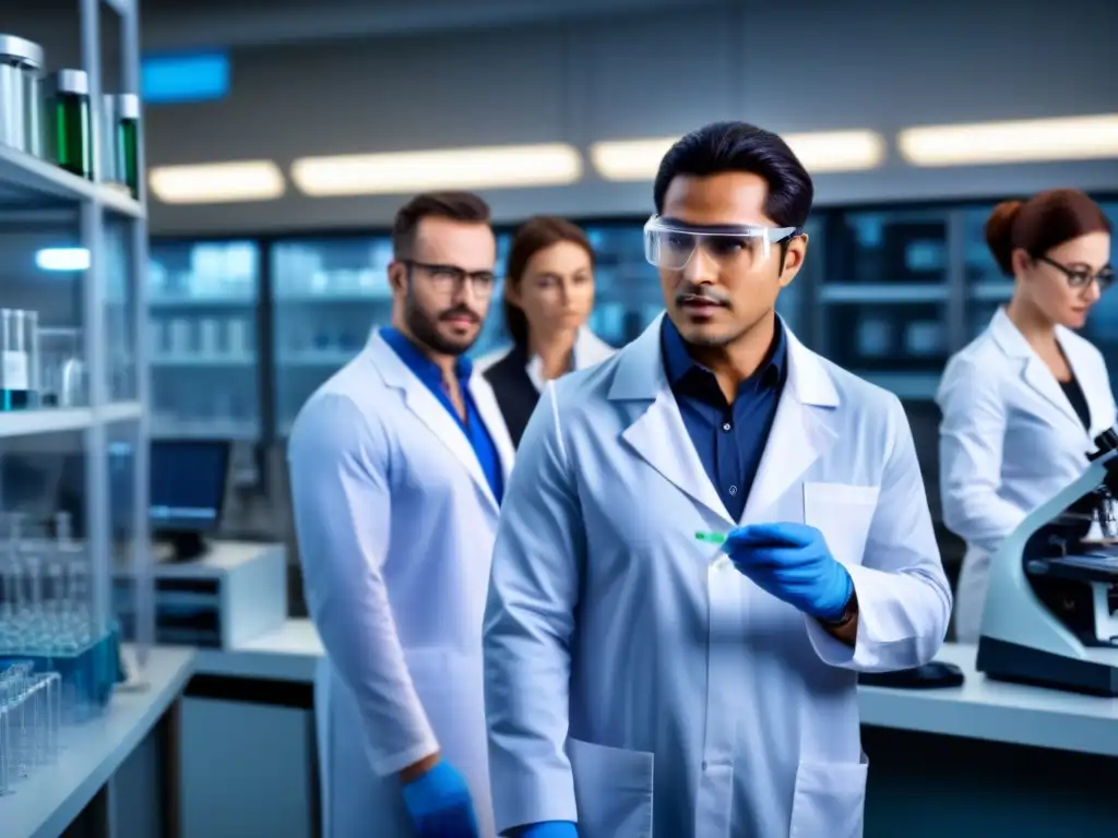 Equipo de científicos en laboratorio de biotecnología de vanguardia Un equipo de científicos y investigadores diversos en un laboratorio de biotecnología de vanguardia, enfocados en experimentos y análisis precisos