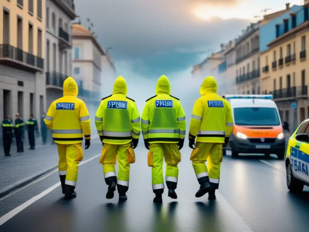 Equipo de emergencia en acción en una ciudad, cumpliendo normativas de seguridad en crisis