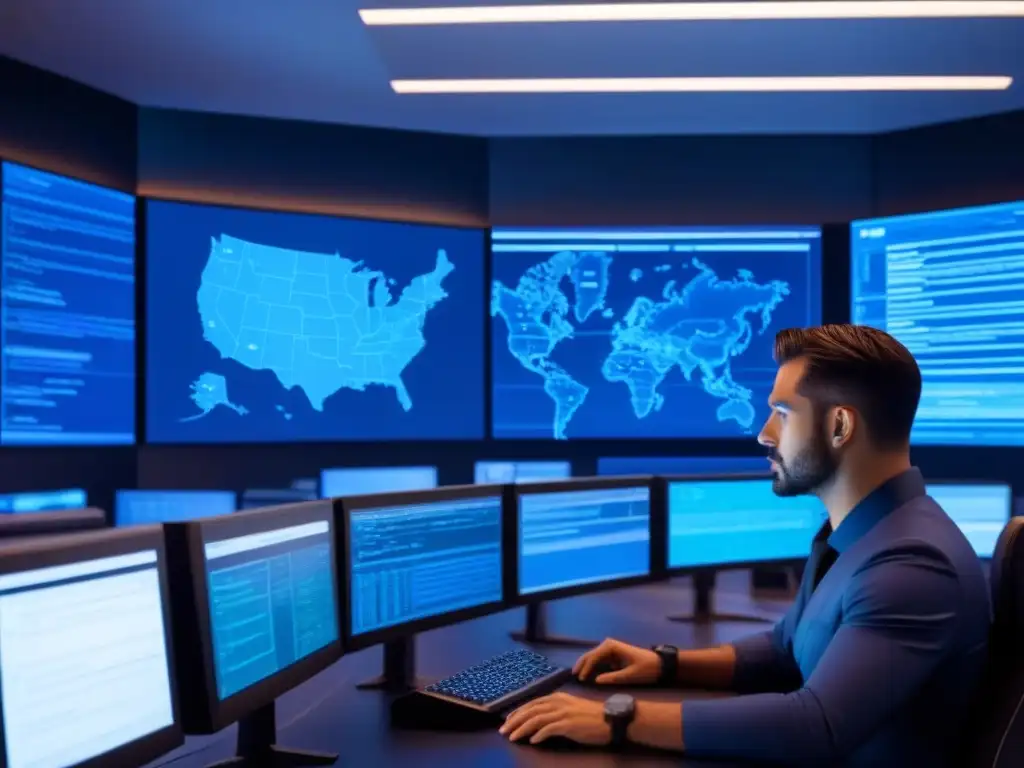 Equipo de expertos en ciberseguridad en centro de mando futurista Equipo de expertos en ciberseguridad en centro de comando de alta tecnología, colaborando para combatir amenazas cibernéticas
