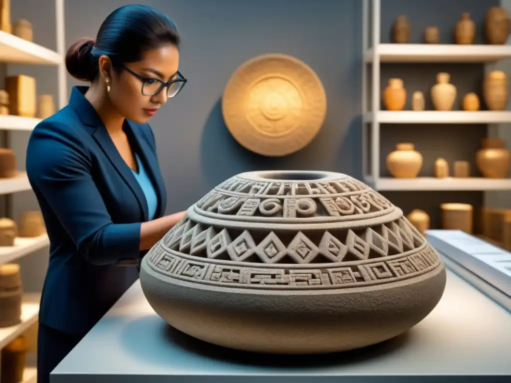 Equipo de expertos examinando escultura azteca en laboratorio de conservación, destaca la artesanía y la protección legal para patrimonio artístico