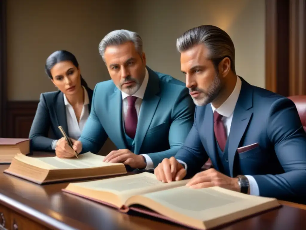 Equipo legal examina arte antiguo en elegante oficina