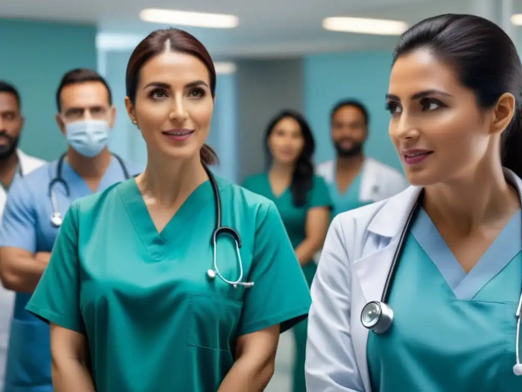 Profesionales de la salud trabajando juntos en un hospital de Buenos Aires Equipo médico diverso en hospital de Buenos Aires, Acceso universal salud Cono Sur
