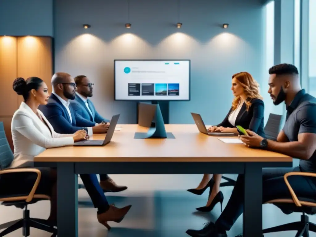 Equipo multicultural innovando en propiedad intelectual en Cono Sur Equipo multicultural en oficina moderna planificando estrategias de protección legal propiedad intelectual en el Cono Sur