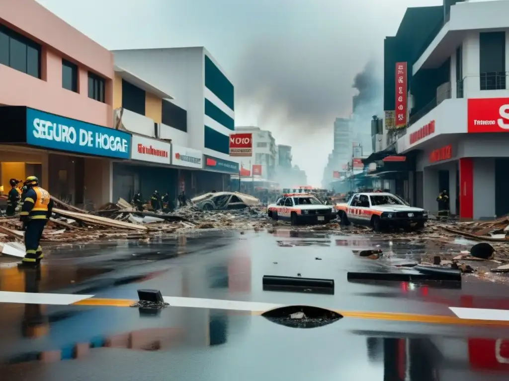 Devastación urbana tras desastre: Seguro de Hogar vital Escena de caos tras desastre natural en ciudad devastada, con letrero 'Seguro de Hogar' y cláusulas ocultas póliza seguro desastres