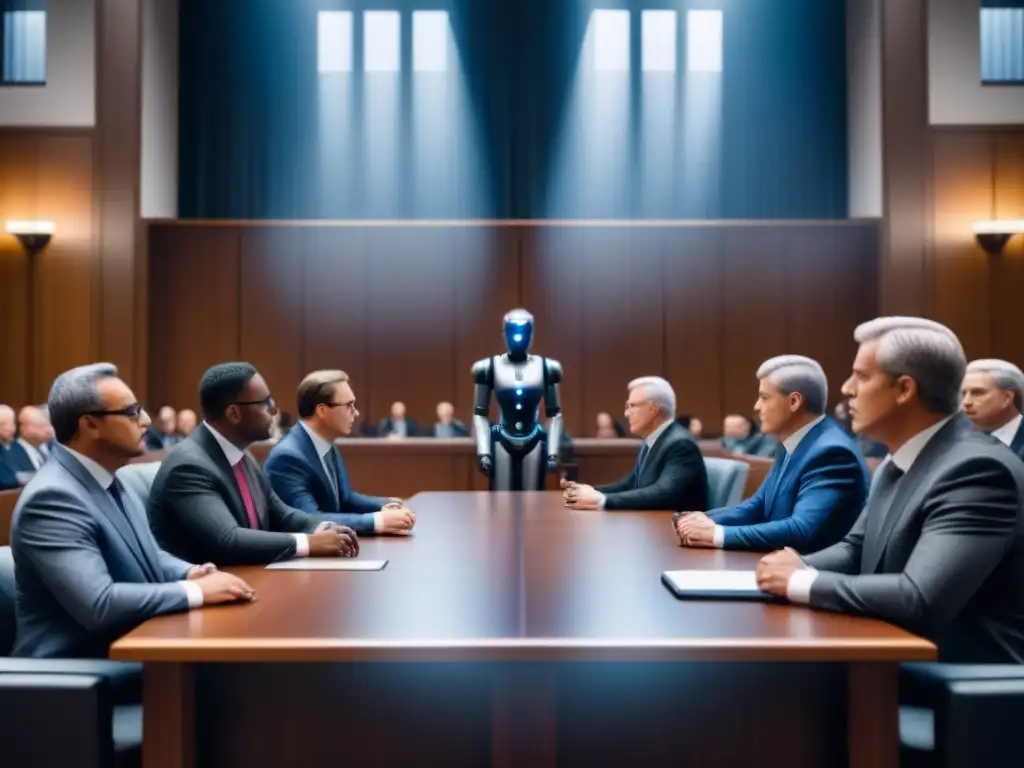 Juicio Futurista: Debate Legal entre Humanos y IA Una escena futurista de un tribunal con jueces variados y tecnología avanzada, en un caso legal sobre inteligencia artificial