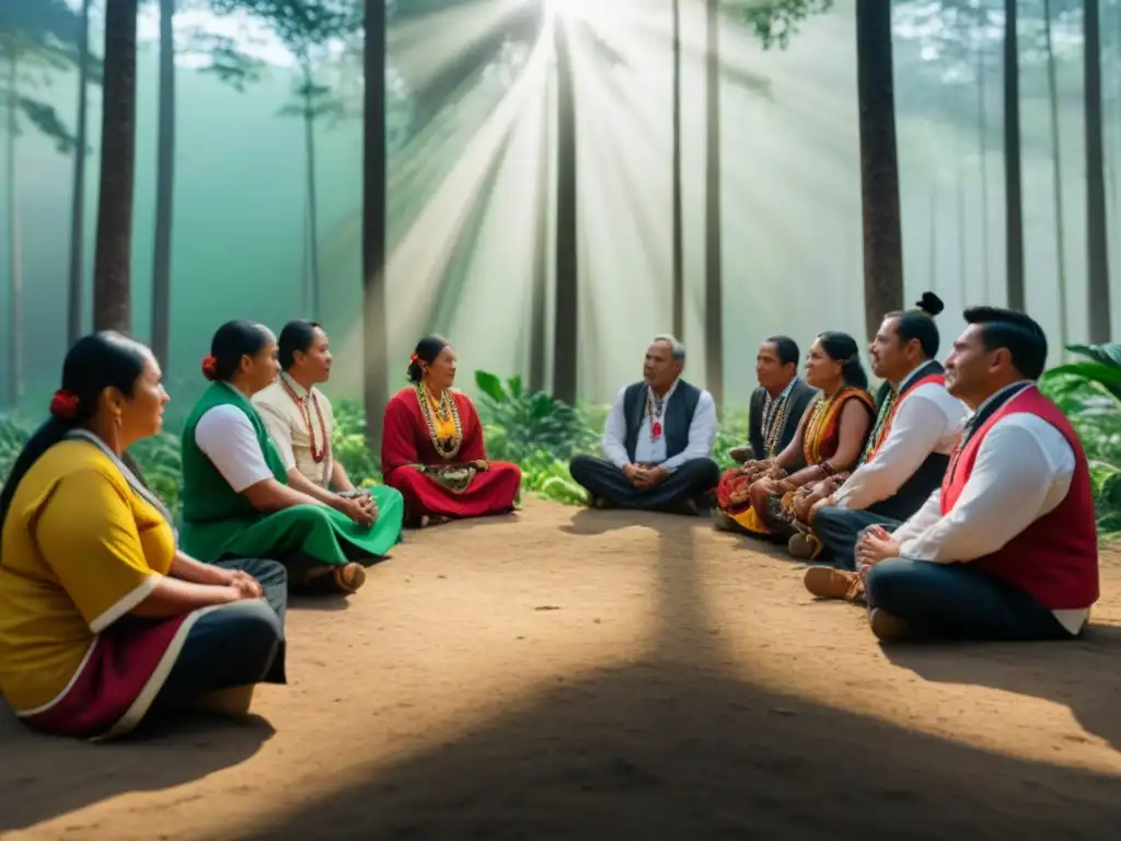 Una escena poderosa de líderes indígenas y ONGs unidos en la defensa de derechos en México, en un bosque verde y sereno