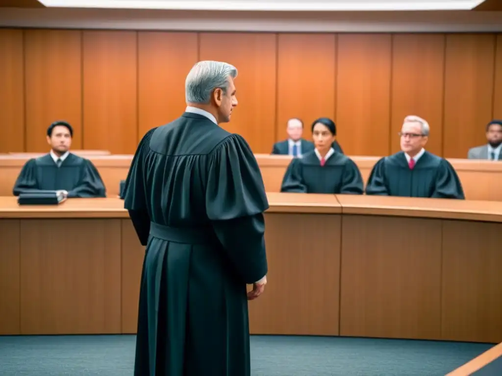 Juicio por Infracción de Copyright en la Industria de Videojuegos Escena de tribunal con juez, abogados y jurado diverso en caso de violación derechos autor videojuegos normativas