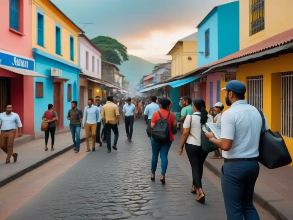 Escena urbana en El Salvador: comunidad informada y vibrante Escena vibrante de la vida callejera en El Salvador, mostrando diversidad y acceso a la información