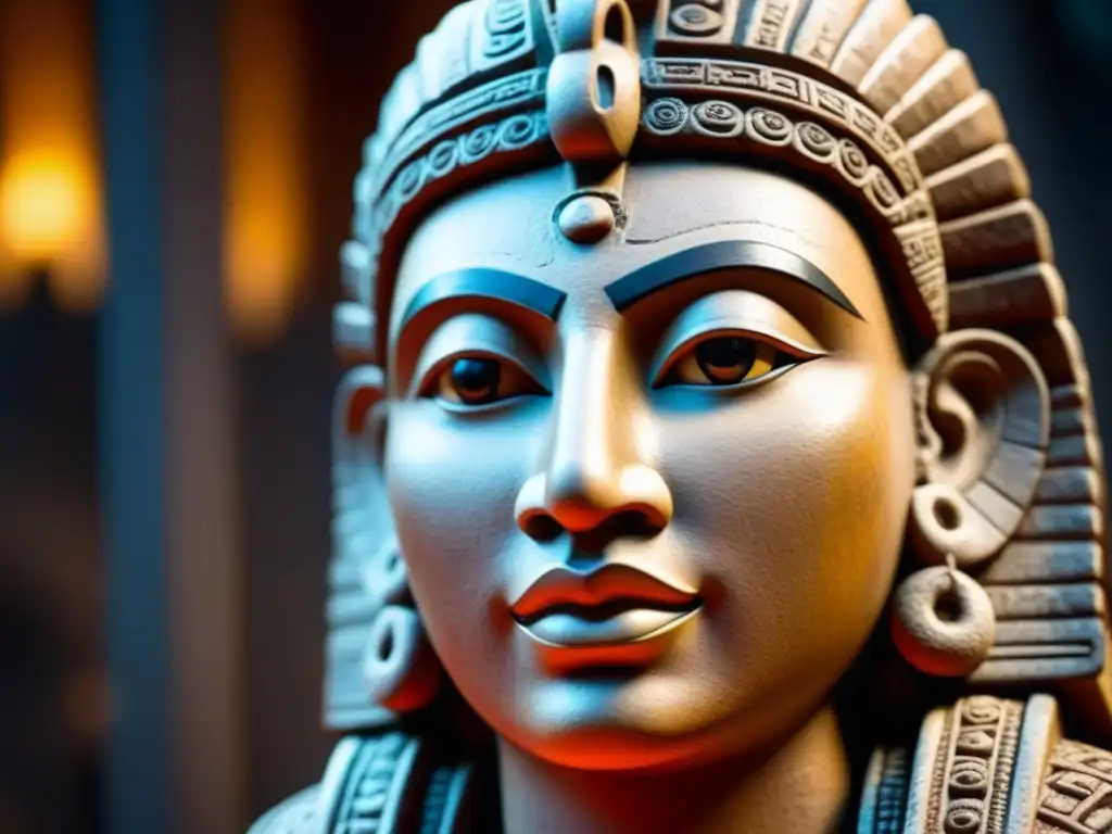 Escultura maya ancestral con detalles e iconografía intrincados, en museo tenue