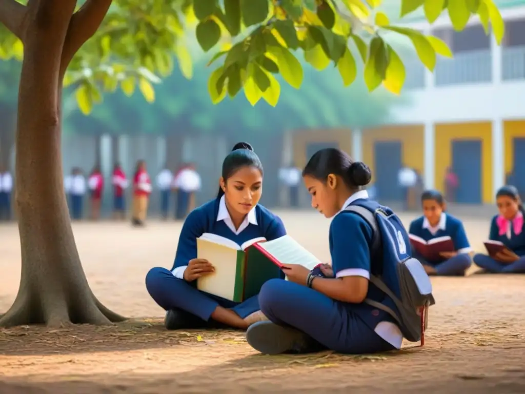 Estudiantes Centroamericanos innovan bajo árbol en escuela Estudiantes diversos estudian bajo árbol en escuela vibrante en Centroamérica, reflejando reformas legales educación Centroamérica