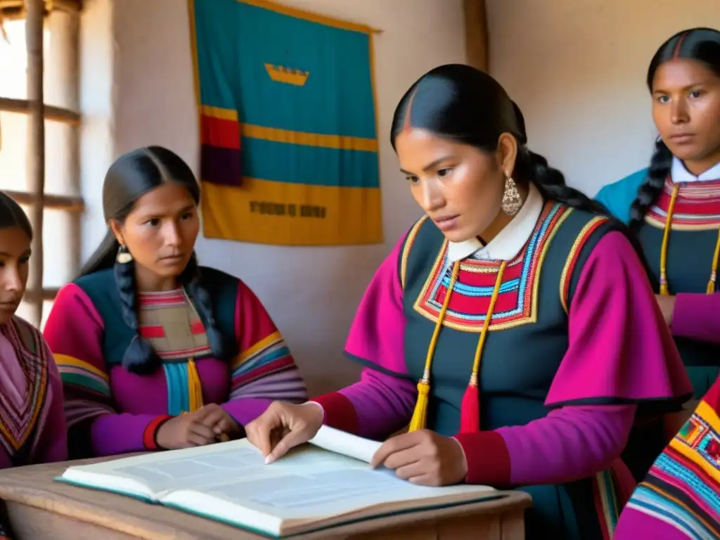 Estudiantes Quechua escuchan atentos a maestra explicar legislación educativa en el Andes