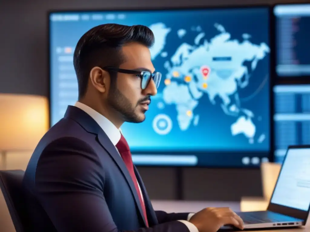 Un experto en ciberseguridad concentra en la prevención de hackeos y fugas, rodeado de libros y monitores de alertas digitales