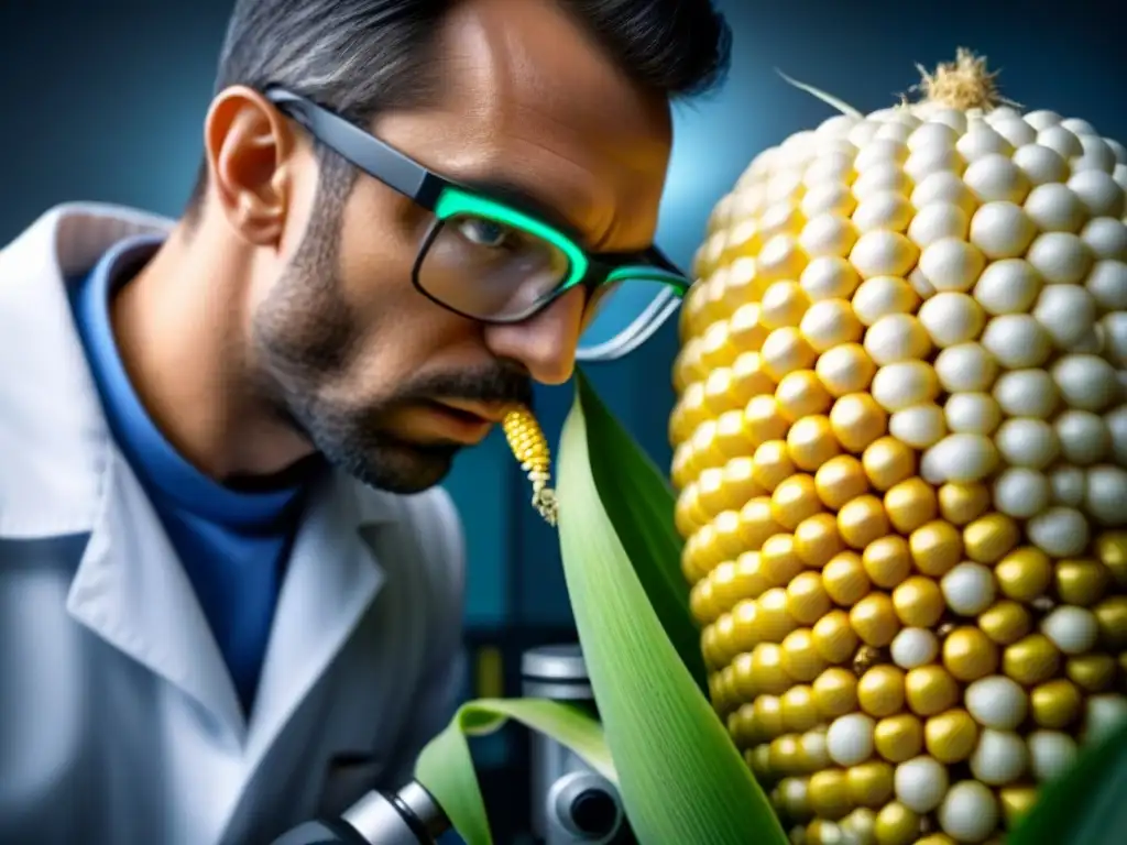 Experto analiza maíz modificado genéticamente Experto analiza maíz modificado genéticamente bajo microscopio
