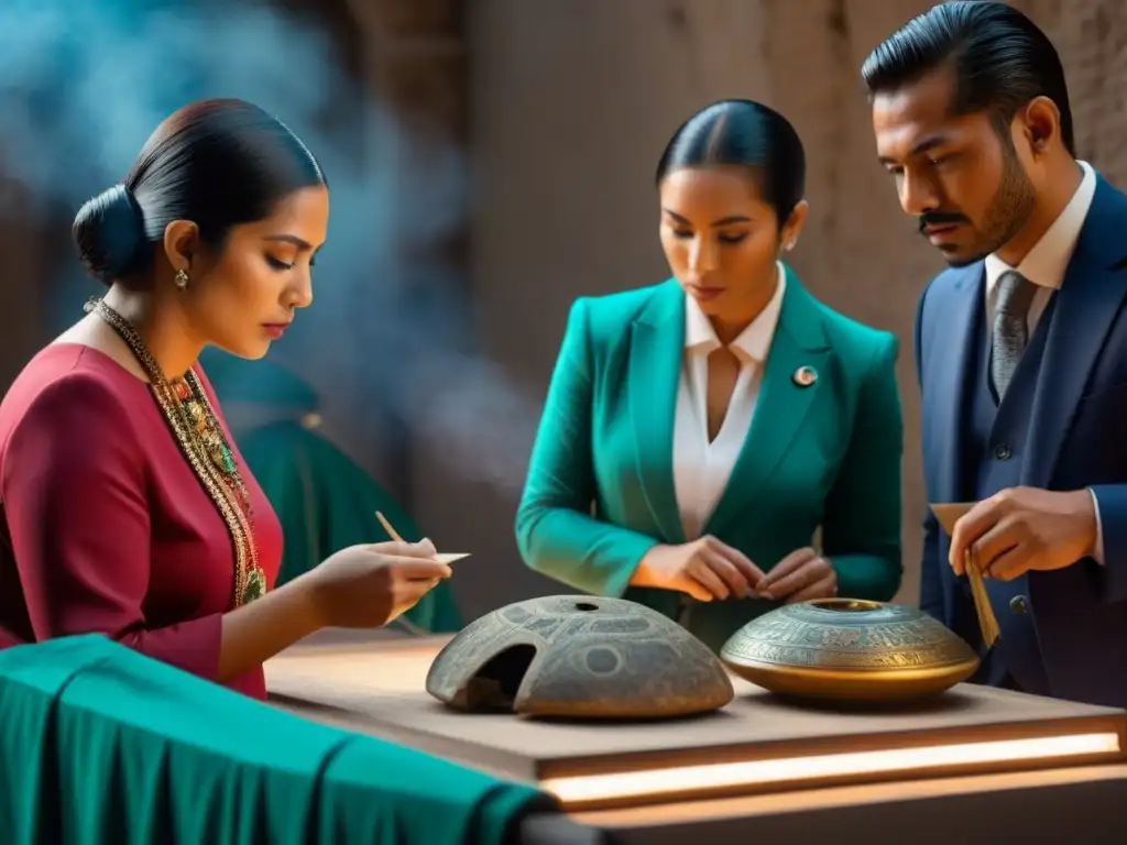 Expertos cuidadosos examinan artefactos antiguos mexicanos bajo luz de museo, destacando la protección legal para patrimonio artístico