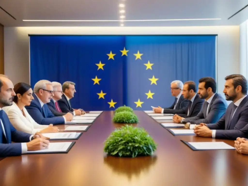 Reunión clave: armonización normativa agrícola UE y España Expertos agrícolas de la UE y España debaten armonización normativa en una sala de conferencias moderna