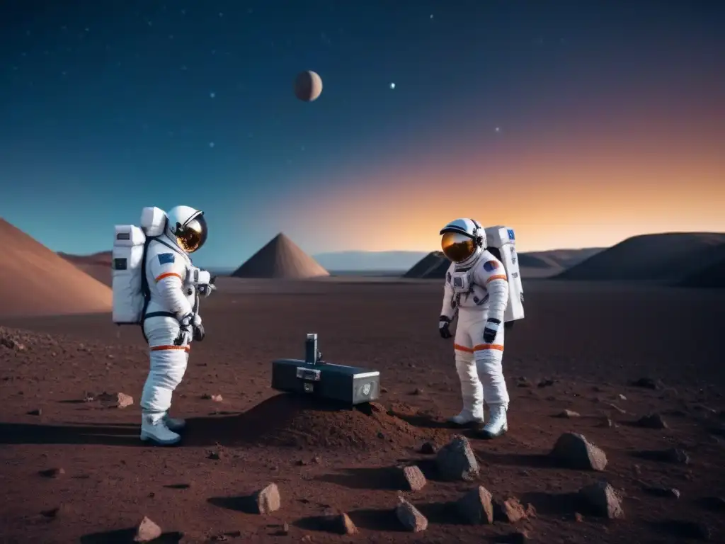 Exploración espacial: equipo de astronautas en un planeta rocoso bajo un cielo estrellado, aplicando regulaciones ambientales