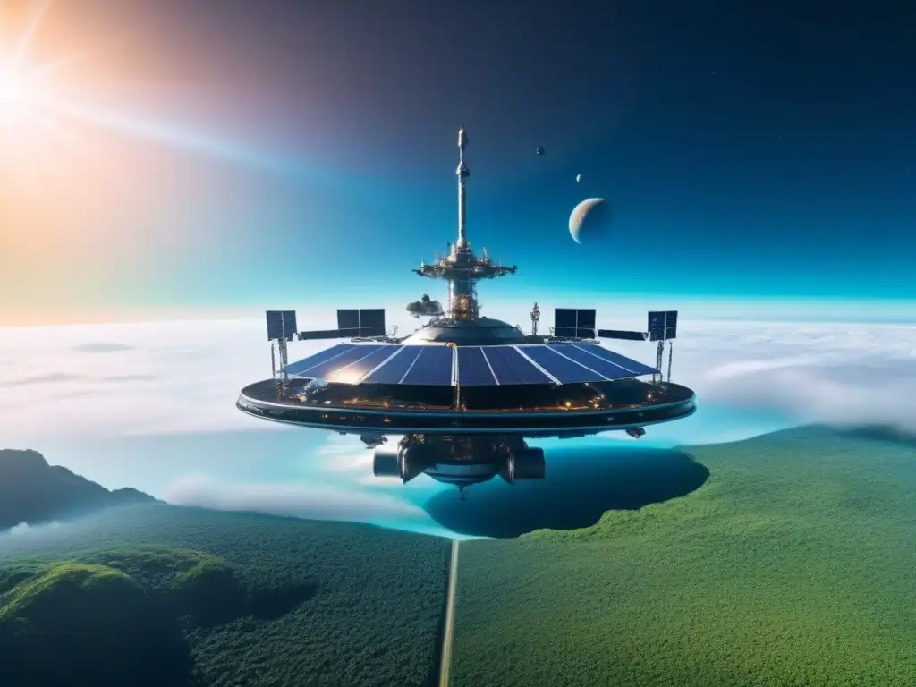 Exploración espacial con regulaciones ambientales en una estación futurista orbitando un planeta vibrante