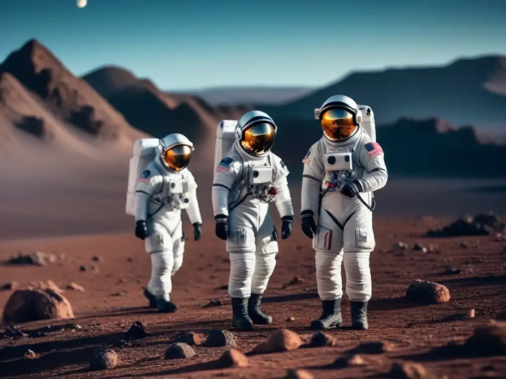 Exploración precisa y responsable de astronautas en traje espacial evaluando regulaciones ambientales en exploración espacial