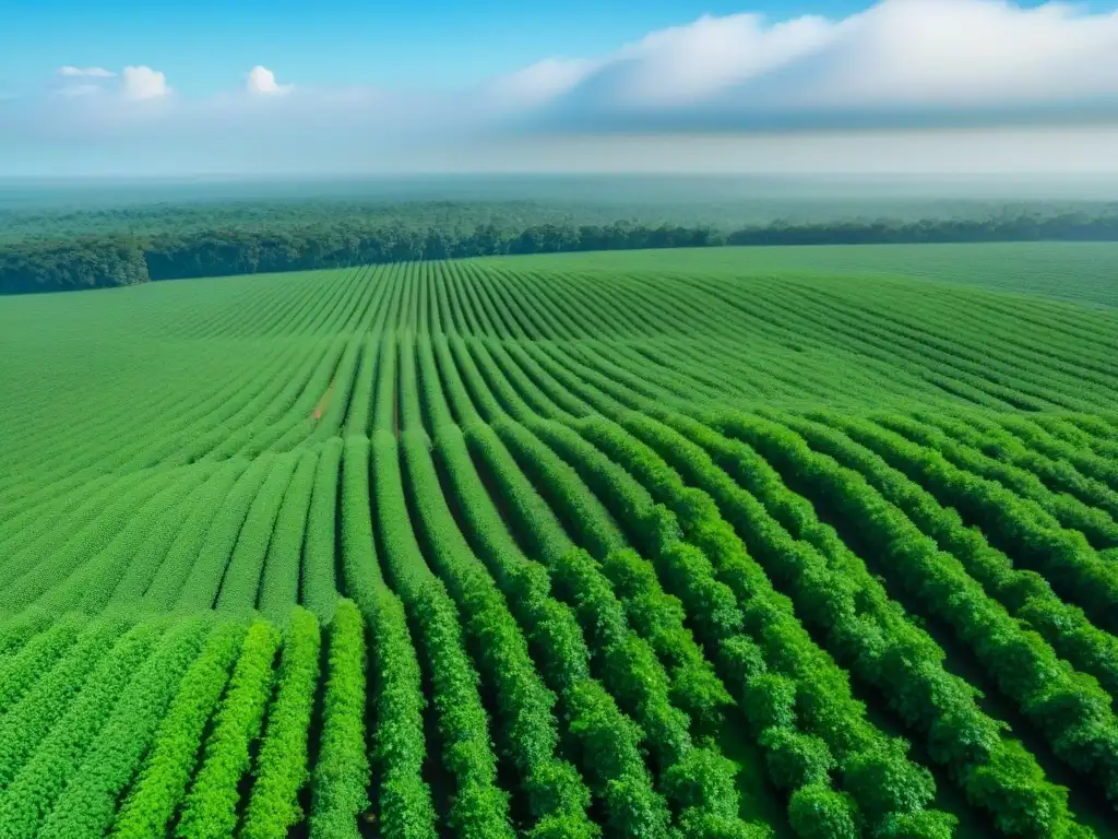 Plantação de soja transgénica en la Amazonía: impacto ambiental Plantación extensa de soja en la selva amazónica, destacando el impacto ambiental de agroquímicos