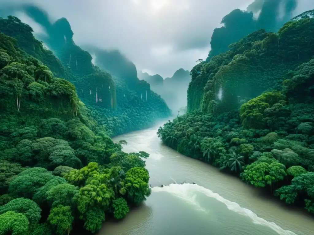Selva amazónica: biodiversidad y conservación Un exuberante bosque amazónico con vida silvestre diversa y un río serpenteante, resaltando la regulación ambiental en constituciones