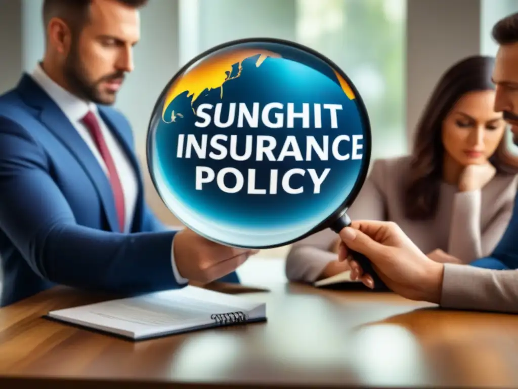 Revisión detallada de póliza de seguro familiar con lupa Una familia revisa detenidamente cláusulas ocultas de póliza de seguro de desastres con lupa en mesa de madera