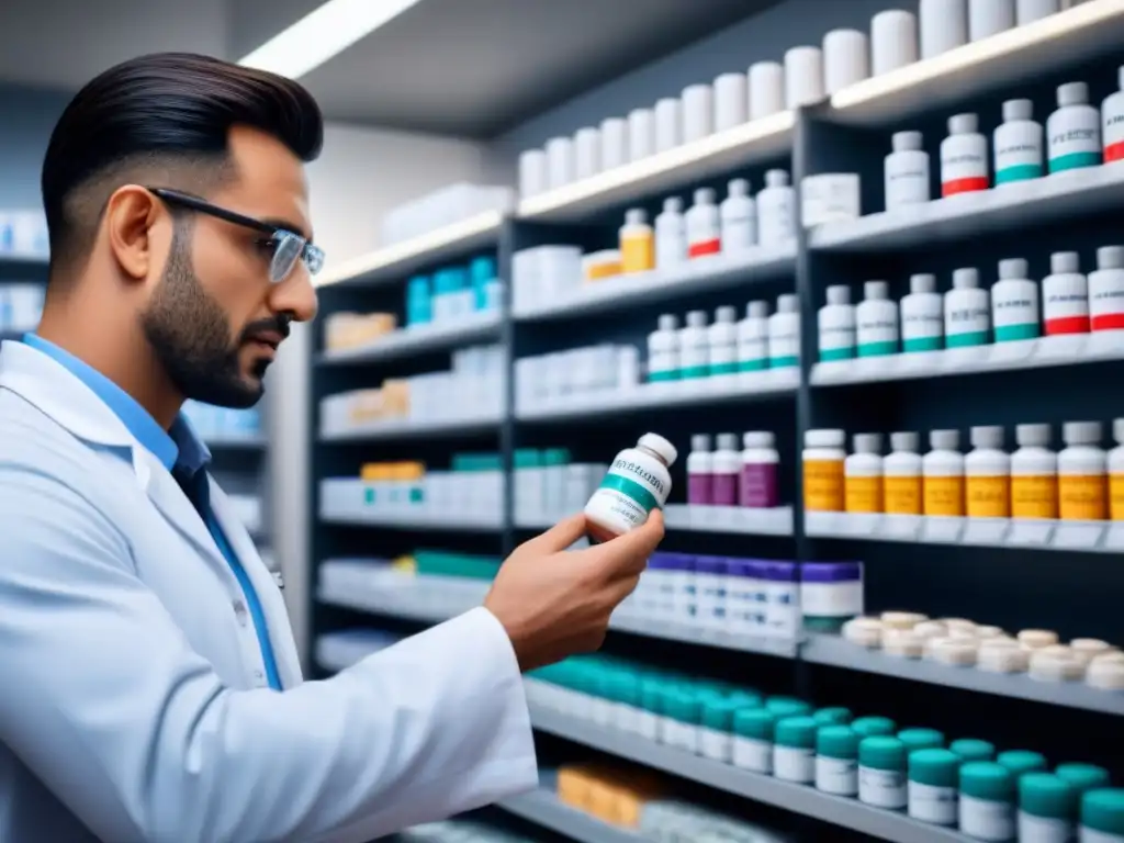 Dispensación precisa: manos de farmacéutico contando pastillas en botella El farmacéutico cuenta pastillas con precisión, mostrando el impacto de patentes farmacéuticas en el acceso a medicamentos