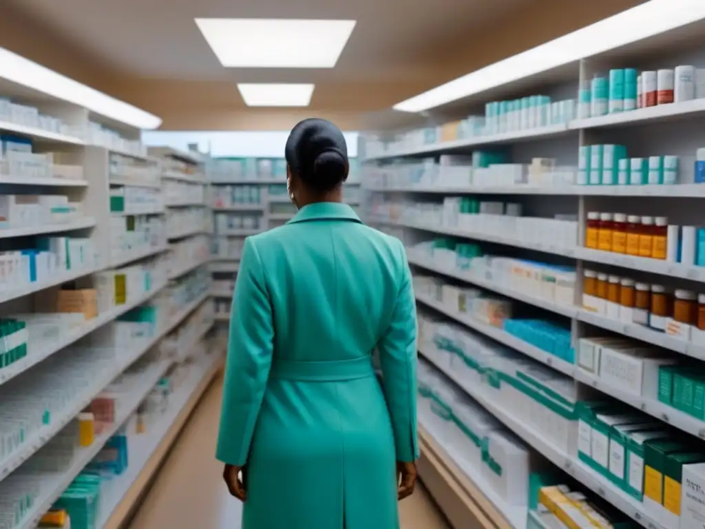 Desigualdad farmacéutica: patentes vs genéricos en farmacia abarrotada Una farmacia abarrotada en un país en desarrollo, con medicamentos caros bajo patente y opciones genéricas apenas visibles