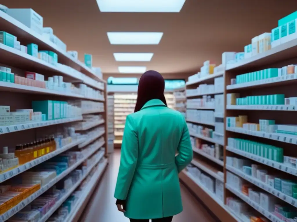 Farmacia abarrotada: diversidad y accesibilidad de medicamentos Una farmacia llena de clientes de distintas edades y etnias, explorando los estantes repletos de medicamentos de diversas formas y tamaños