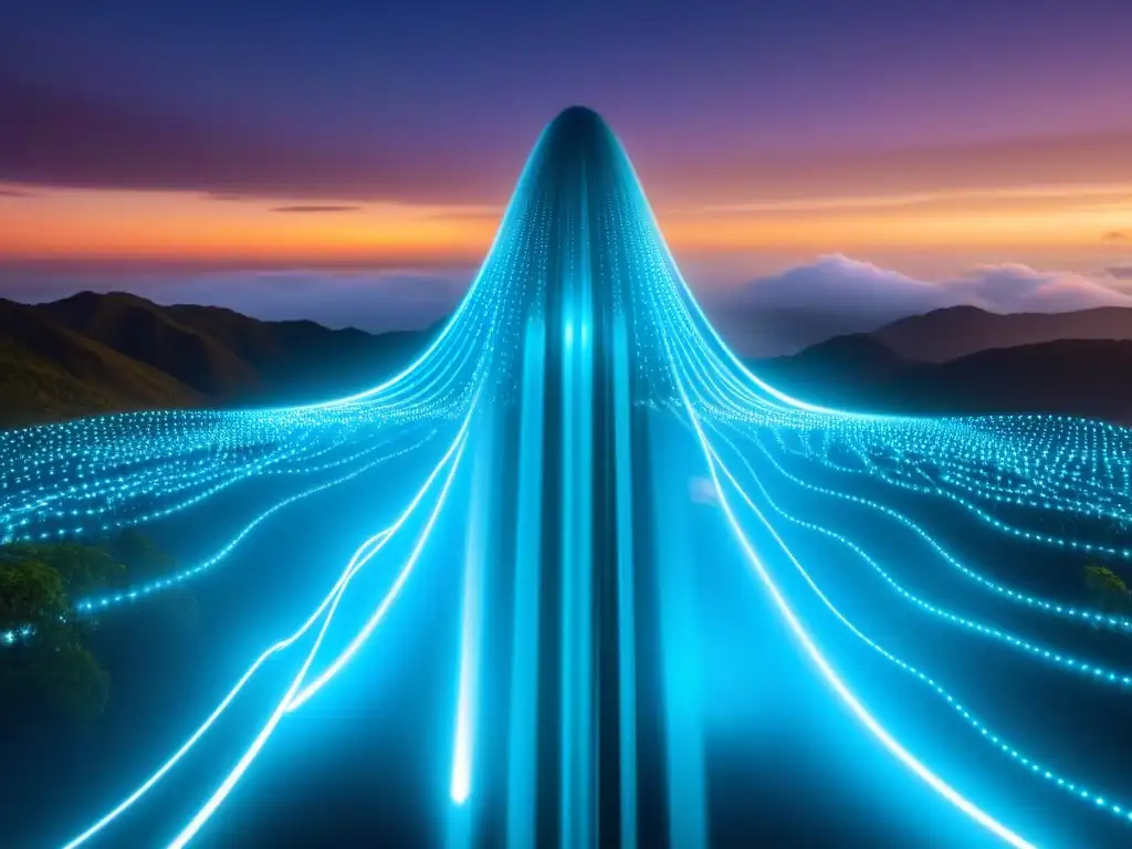 Fascinante red de datos brillantes y códigos encriptados, fusionando tecnología futurista con símbolos legales tradicionales