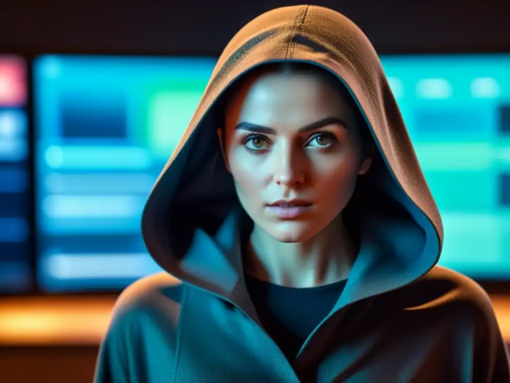 Figura misteriosa en capa, iluminada por pantalla con código, en cuarto futurista