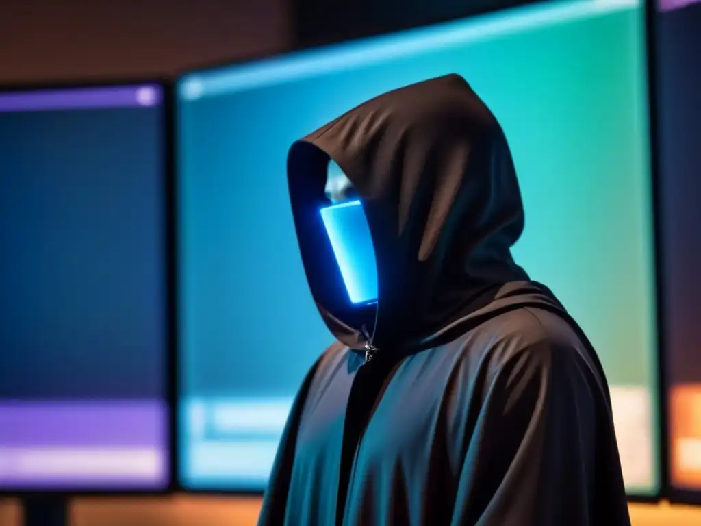 Una figura sombría en capucha, iluminada por pantallas en una habitación oscura