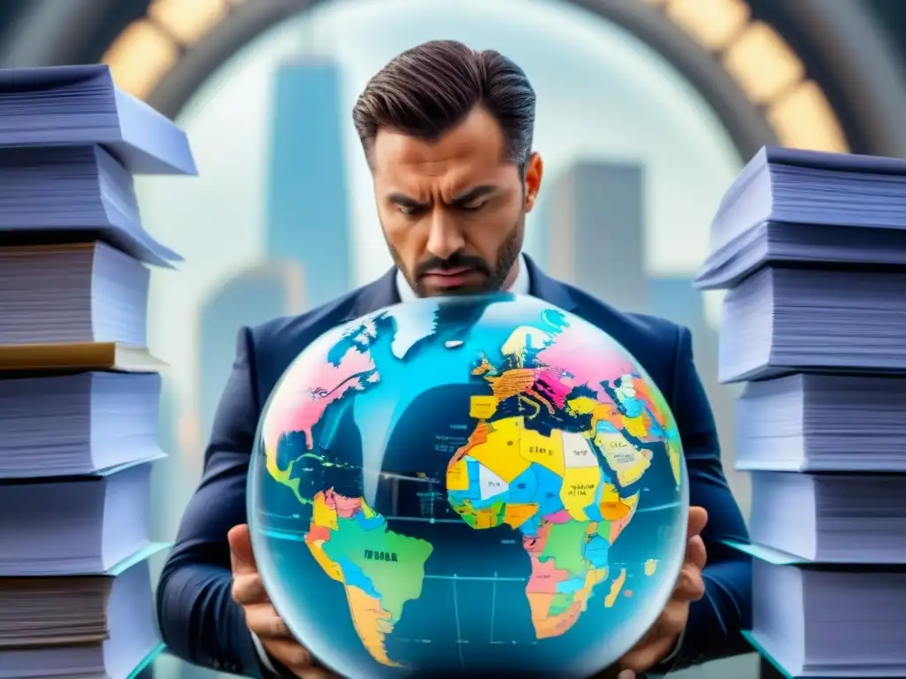 Frustrado dueño de negocio rodeado de documentos legales y avisos de infracción, con un globo terráqueo roto al fondo