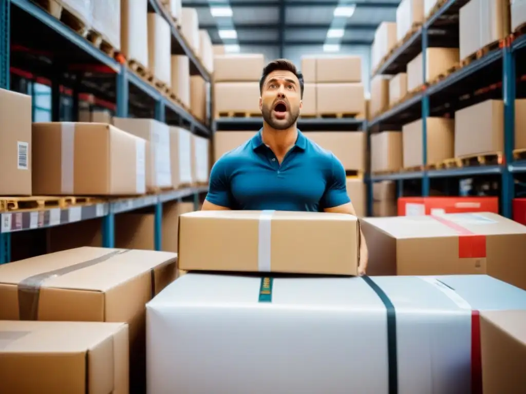 Frustrado dueño de negocio rodeado de paquetes sin abrir en almacén caótico