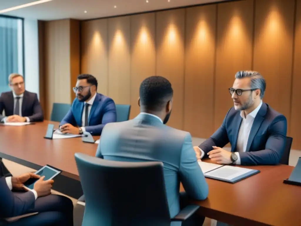 Abogados de arbitraje internacional: colaboración global en acción Grupo diverso de abogados de arbitraje en contratos internacionales de Derecho Andino colaborando en una sala de conferencias moderna