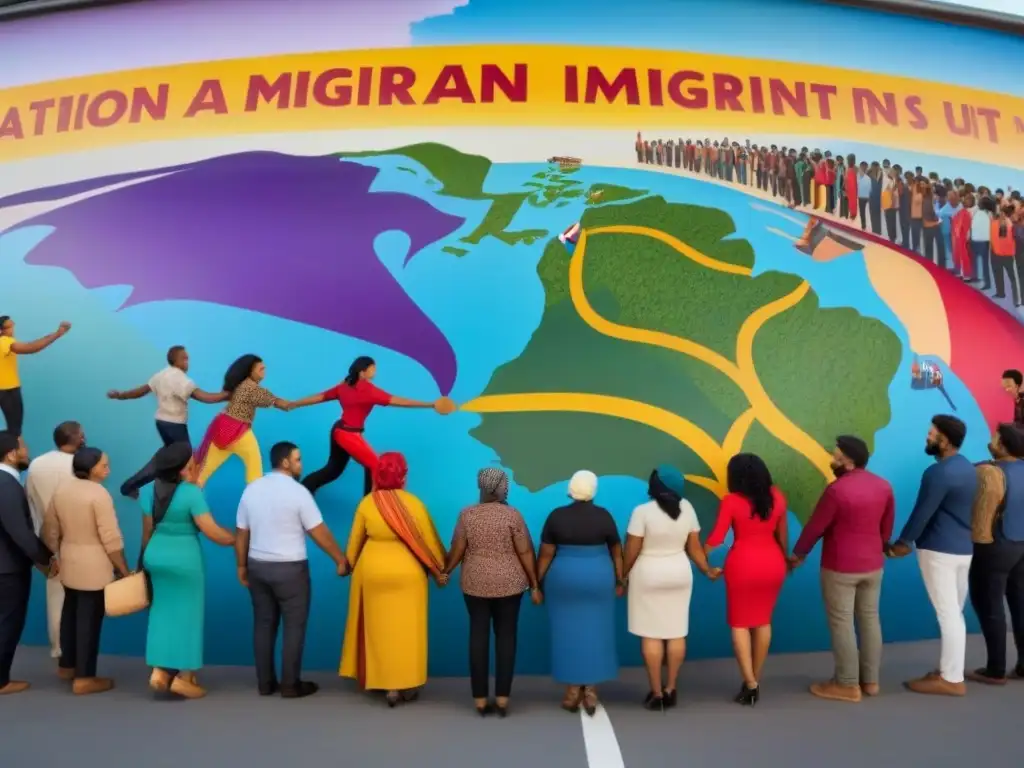 Activistas unidos frente a mural de migración y unidad Un grupo diverso de activistas se unen frente a mural representando la migración y la unidad en Sudamérica