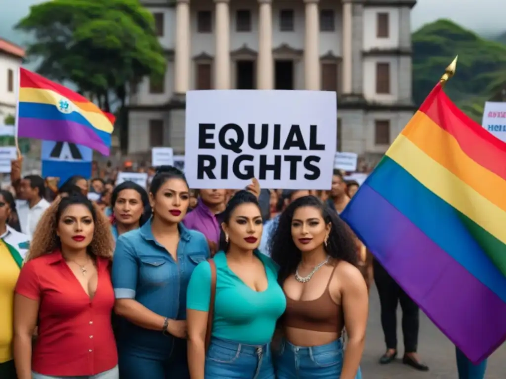 Activistas LGBTQ+ en Honduras luchan por igualdad ante el Congreso Un grupo diverso de activistas LGBTQ+ en Honduras frente al Congreso, abogando por normativas legales LGBTQ+ en Honduras