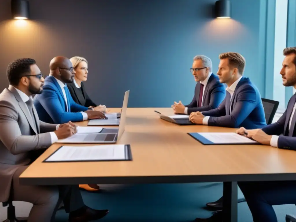 Un grupo diverso de árbitros y abogados discuten intensamente sobre Resolución de disputas deportivas internacionales en una mesa redonda rodeados de documentos legales y laptops mostrando eventos deportivos