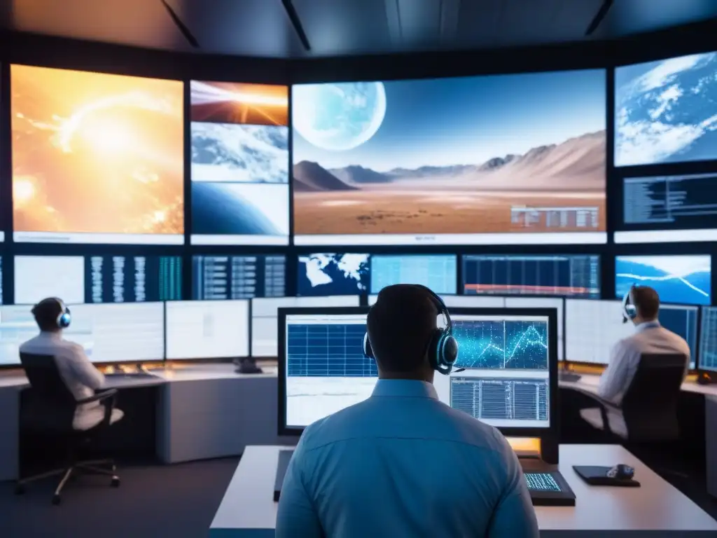 Un grupo diverso de científicos y ingenieros en una sala de control de agencia espacial, monitoreando datos de una nave espacial