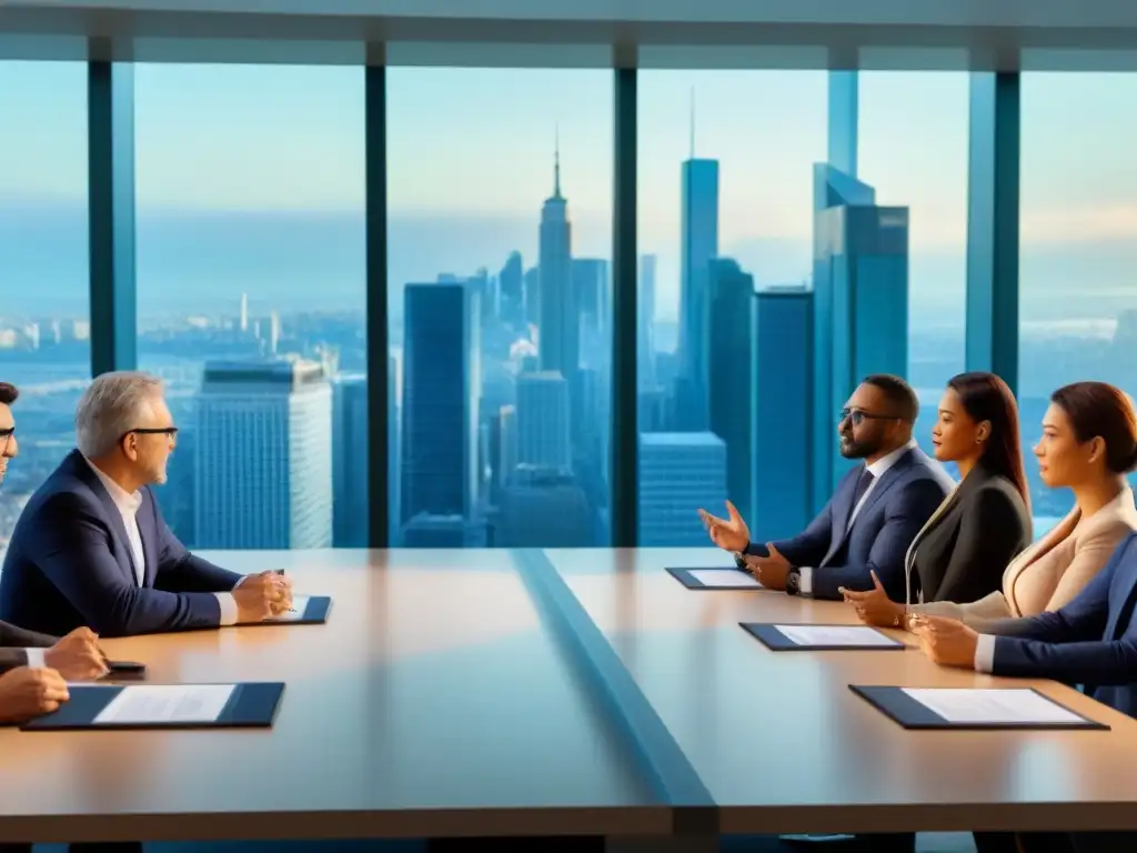 Grupo diverso debate implicaciones de la nueva ley comunicación audiovisual en moderna sala de juntas iluminada