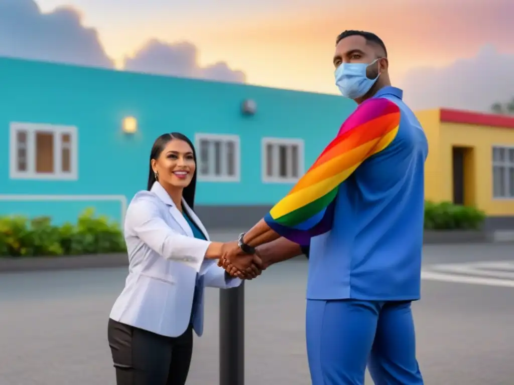 Unidad LGBTQ+ frente a clínica moderna en Centroamérica Un grupo diverso LGBTQ+ en Centroamérica frente a una clínica, reflejando unidad y servicios médicos inclusivos