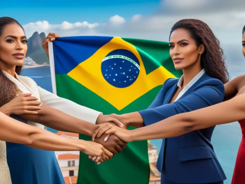 Un grupo diverso de mujeres brasileñas unidas frente a la bandera, representando compromiso por igualdad de género en Brasil