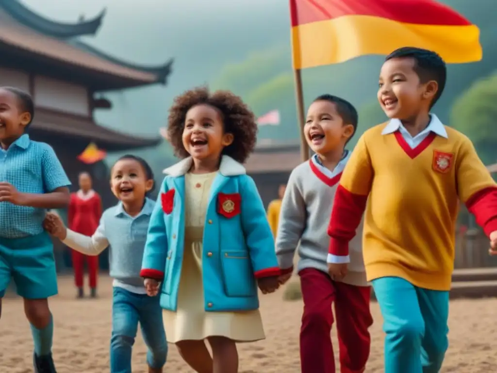 Niños de distintas culturas juegan juntos, unidos en la diversidad Grupo diverso de niños de diferentes etnias jugando juntos en un parque multicultural, simbolizando la adopción internacional y derecho matrimonial